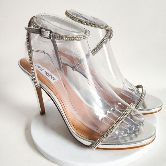Steve Madden 8.5 Pumps Strappy Rhinestones Formal Dressy Silver Open Toe Heels - Picture 1 of 9